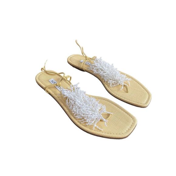 Aquazzura Panarea White Coral Beaded Tie Ankle Flat Sandals Size 37 - Picture 7 of 11